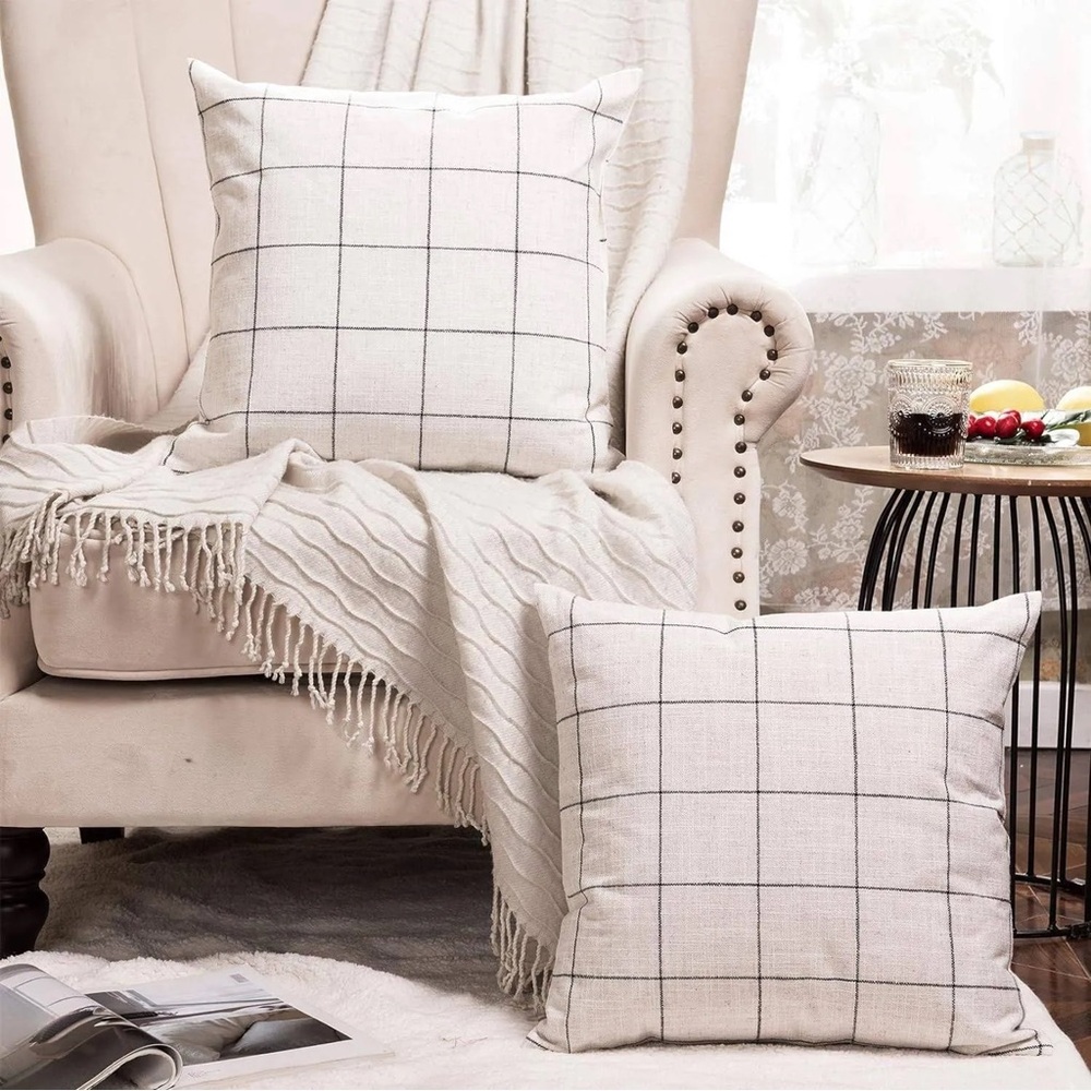Basic Model Plaid Checkered Decorative Linen Boho Pillow Cover 18 x 18 Set of 2
